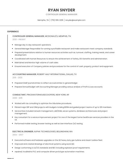 Controller General Manager Resume