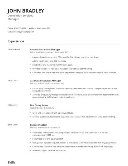 Convention Services Manager Resume