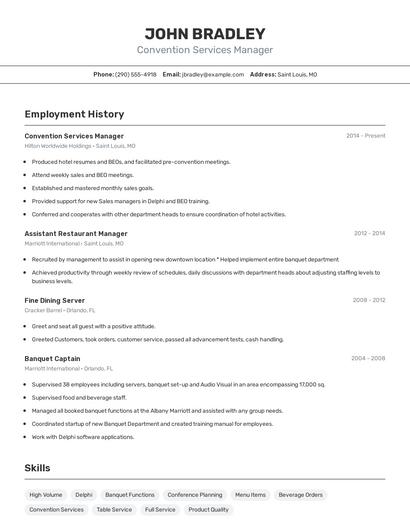 Convention Services Manager Resume