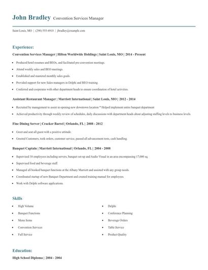 Convention Services Manager Resume