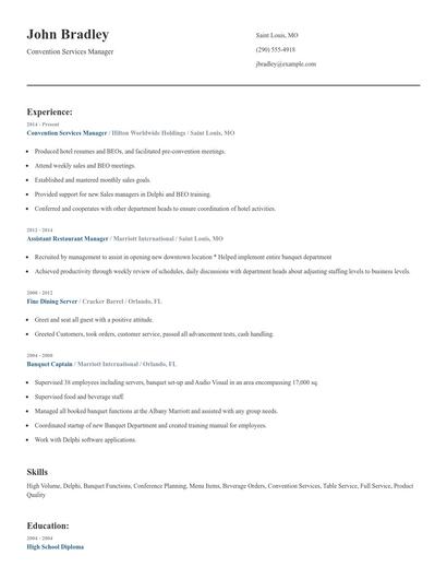 Convention Services Manager Resume