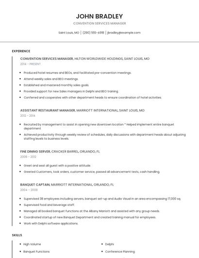 Convention Services Manager Resume