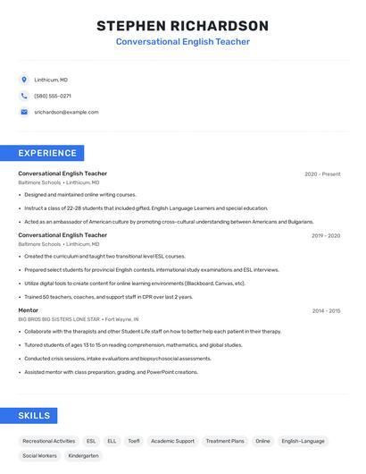 Conversational English Teacher Resume