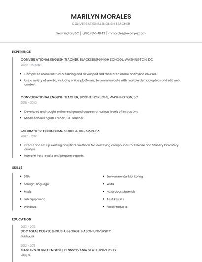 Conversational English Teacher Resume