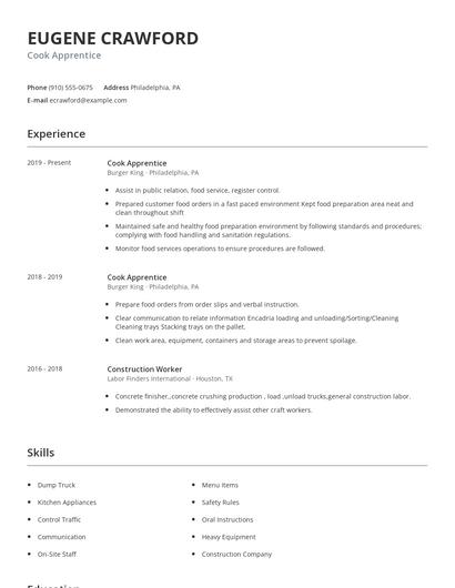 Cook Apprentice Resume