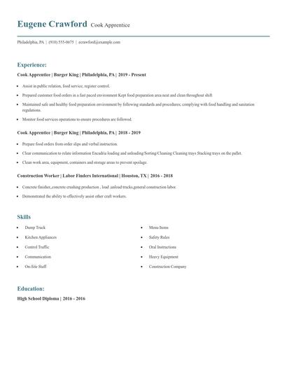Cook Apprentice Resume