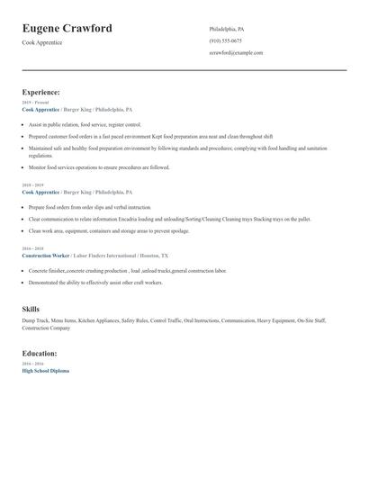 Cook Apprentice Resume