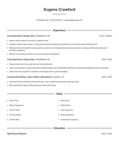 Cook Apprentice Resume