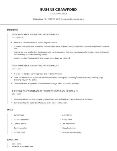 Cook Apprentice Resume