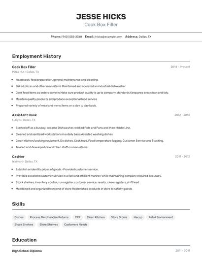 Cook Box Filler Resume