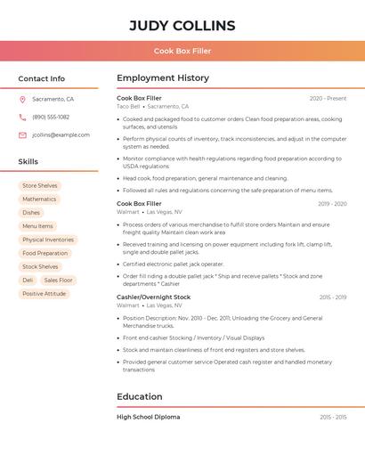 Cook Box Filler Resume