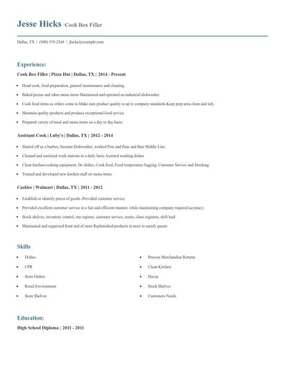 Cook Box Filler Resume