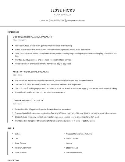 Cook Box Filler Resume