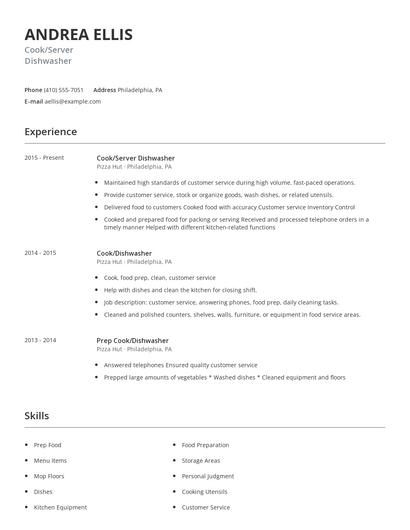 Cook/Server Dishwasher Resume