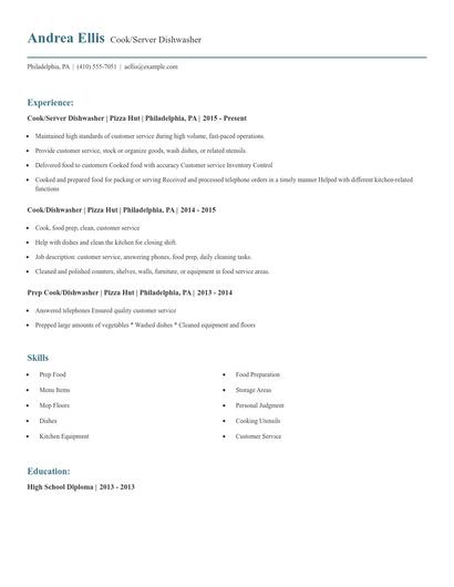 Cook/Server Dishwasher Resume