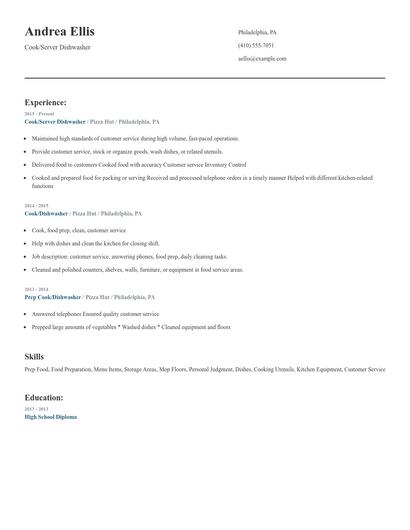 Cook/Server Dishwasher Resume