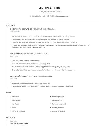 Cook/Server Dishwasher Resume