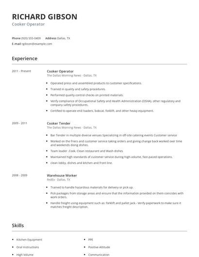 Cooker Operator Resume
