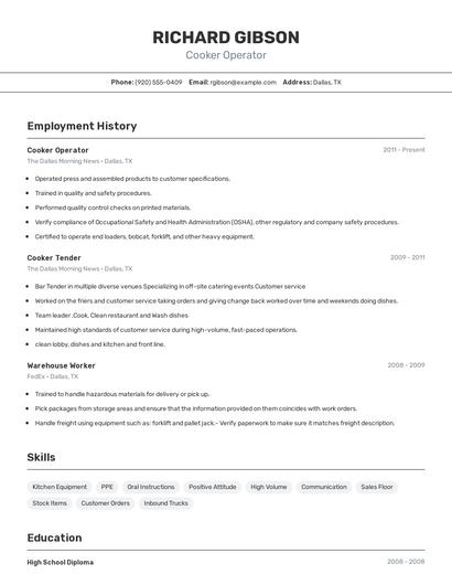 Cooker Operator Resume
