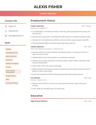 Cooker Operator Resume