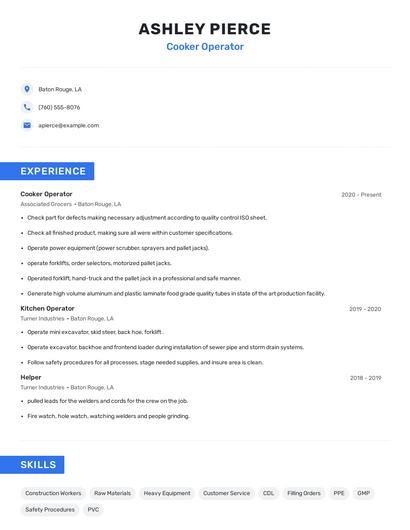 Cooker Operator Resume