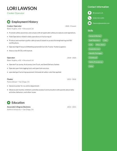 Cooker Operator Resume