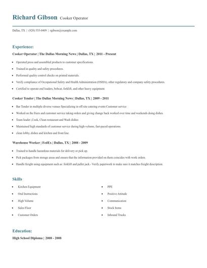 Cooker Operator Resume