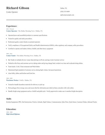 Cooker Operator Resume