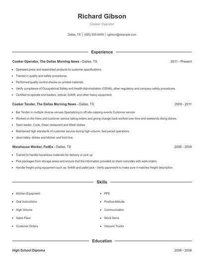 Cooker Operator Resume