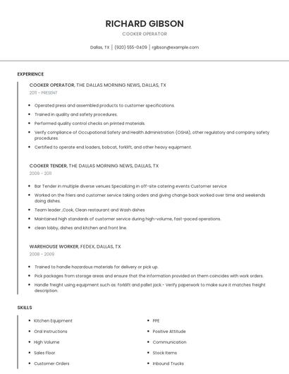 Cooker Operator Resume