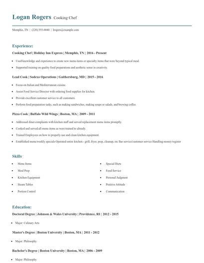 Cooking Chef Resume