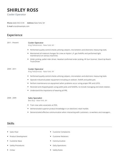 Cooler Operator Resume
