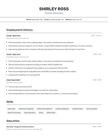 Cooler Operator Resume