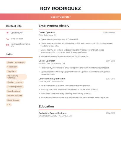 Cooler Operator Resume