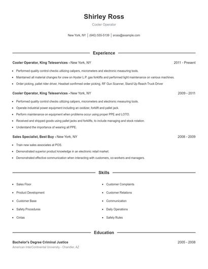 Cooler Operator Resume