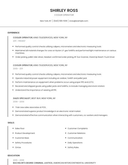 Cooler Operator Resume
