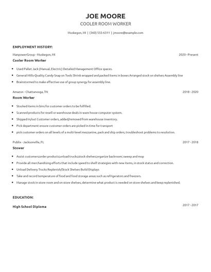 Cooler Room Worker Resume