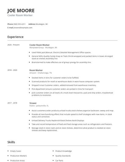 Cooler Room Worker Resume