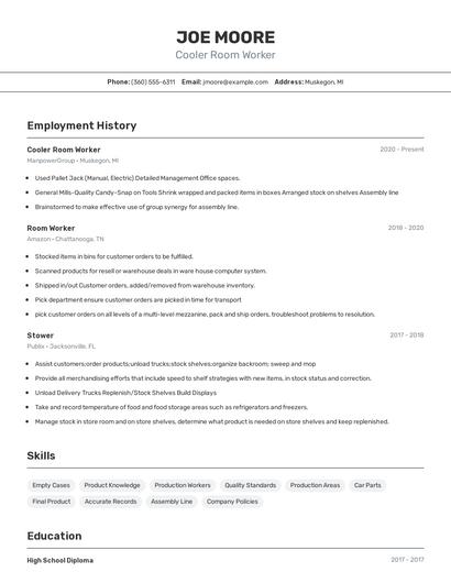 Cooler Room Worker Resume