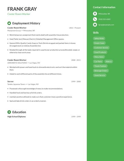 Cooler Room Worker Resume
