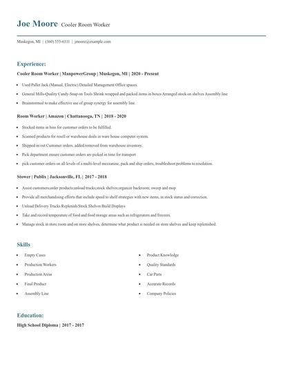 Cooler Room Worker Resume