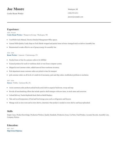 Cooler Room Worker Resume