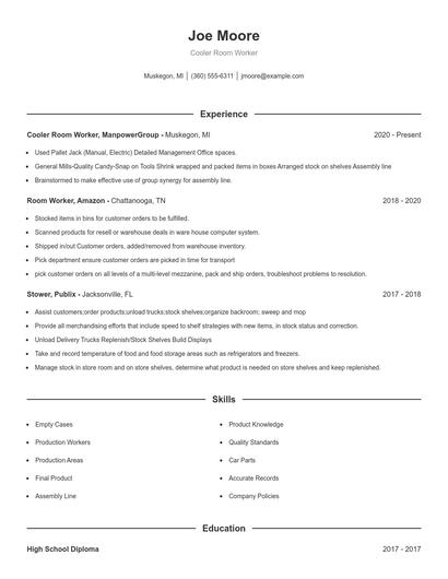 Cooler Room Worker Resume