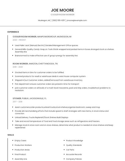 Cooler Room Worker Resume