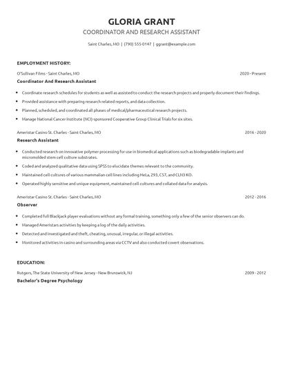 Coordinator And Research Assistant Resume