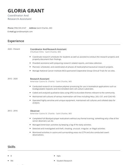 Coordinator And Research Assistant Resume
