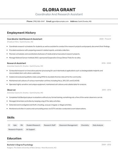 Coordinator And Research Assistant Resume