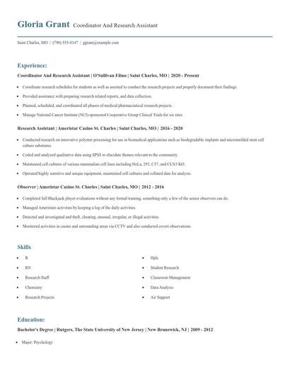 Coordinator And Research Assistant Resume