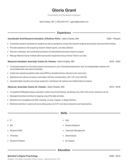 Coordinator And Research Assistant Resume