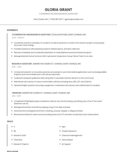 Coordinator And Research Assistant Resume